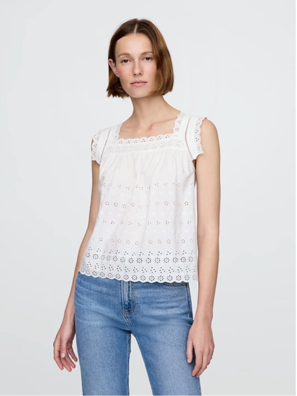 Gap x Doen White Eyelet Cotton Blouse with Scalloped Straps XL, NWT